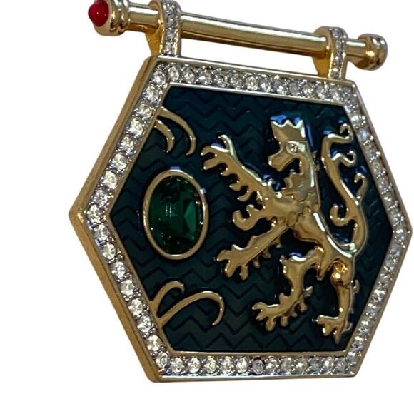 SWAROVSKI 80s Maximalism GoldTone Green Enamel Medieval Cosplay Shield Brooch - Picture 3 of 7